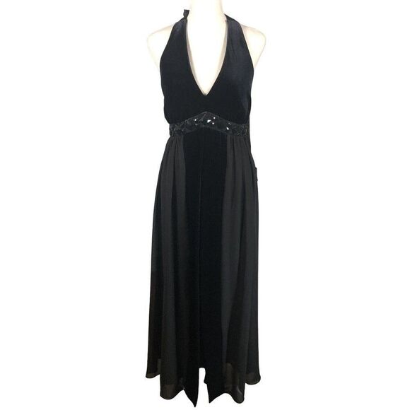 New Signature by Robbie Bee Cocktail Dress 8 Black Halter Velvet Satin Chiffon - Picture 1 of 12
